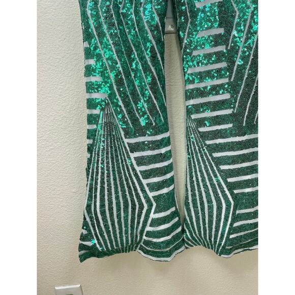 Womens Pants Sz L Bell Bottom Sequin Disco Holiday Party Hippie Festival Green - Picture 8 of 8
